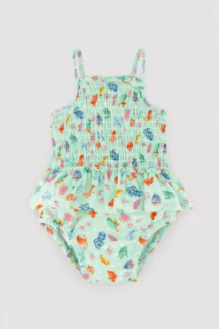 Bañador bebé niña detalle volante y nido de abeja estampado fauna marina