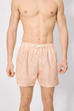 Bañador medio estampado rayas y mini langostas naranja