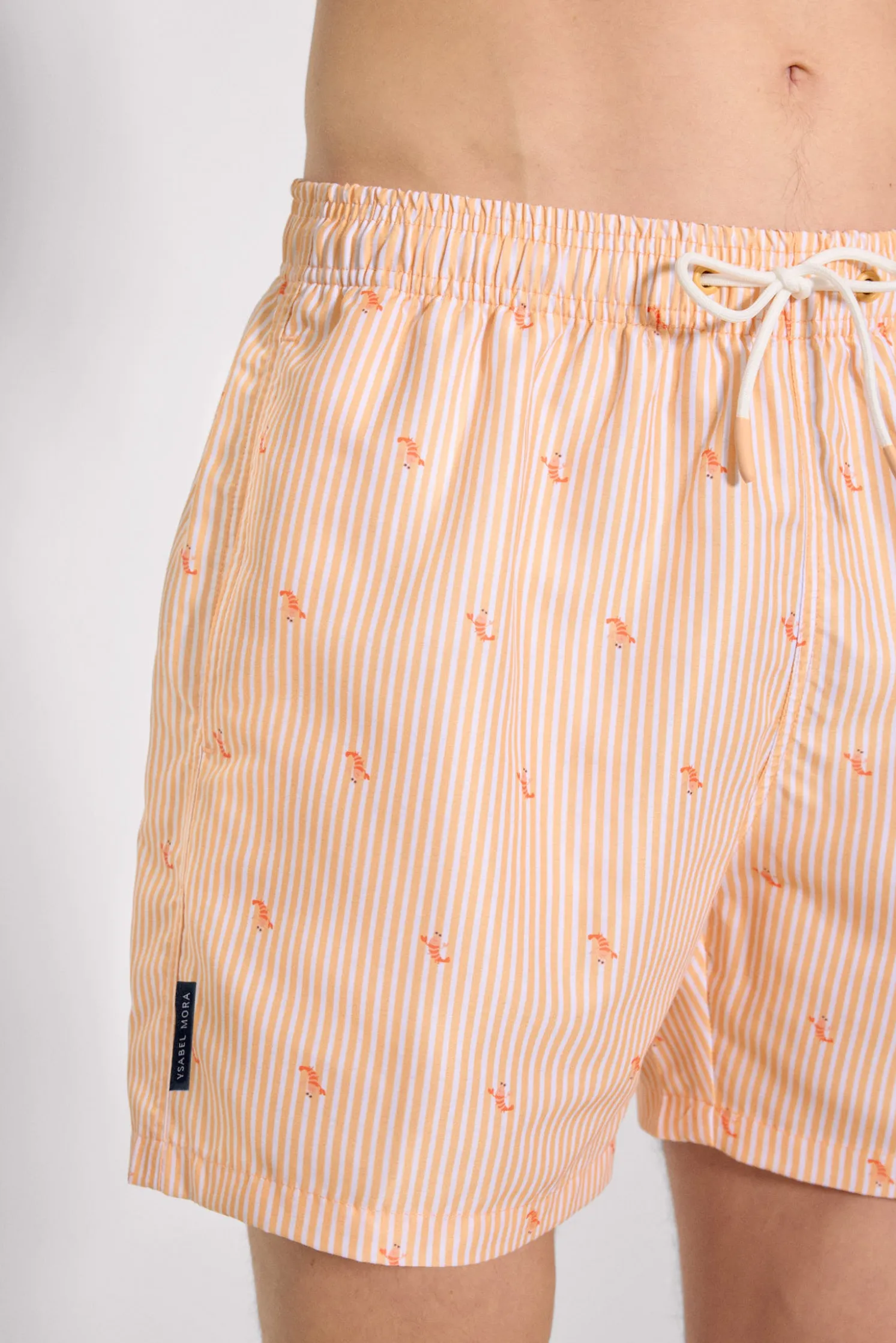 Bañador medio estampado rayas y mini langostas naranja