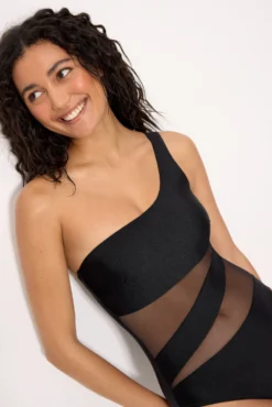 Bañador negro asimétrico con tul transparente con brillo negro copa B