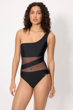 Bañador negro asimétrico con tul transparente con brillo negro copa B