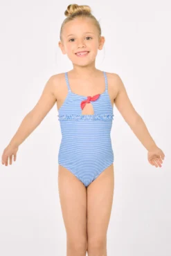 Bañador niña detalle lazo y volantes estampado rayas