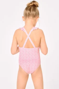 Bañador niña detalles volantes y tirantes cruzados estampado leopardo rosa