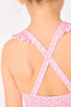 Bañador niña detalles volantes y tirantes cruzados estampado leopardo rosa