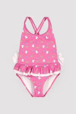 Bañador niña detalles volantes y lazos estampado unicornios rosa
