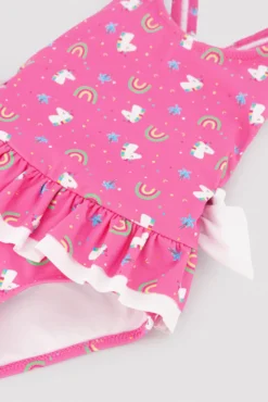 Bañador niña detalles volantes y lazos estampado unicornios rosa