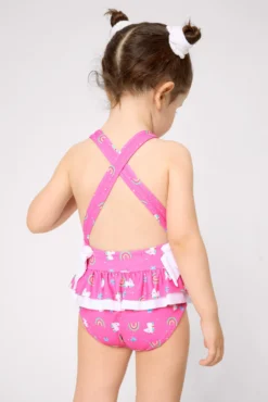 Bañador niña detalles volantes y lazos estampado unicornios rosa