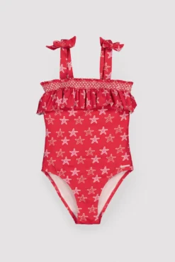 Bañador niña detalle volante estampado estrellas marinas rojo