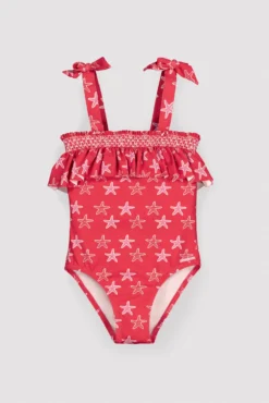 Bañador niña detalle volante estampado estrellas marinas rojo