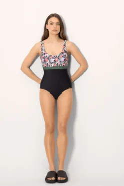 Bañador reductor negro con estampado tropical copa B