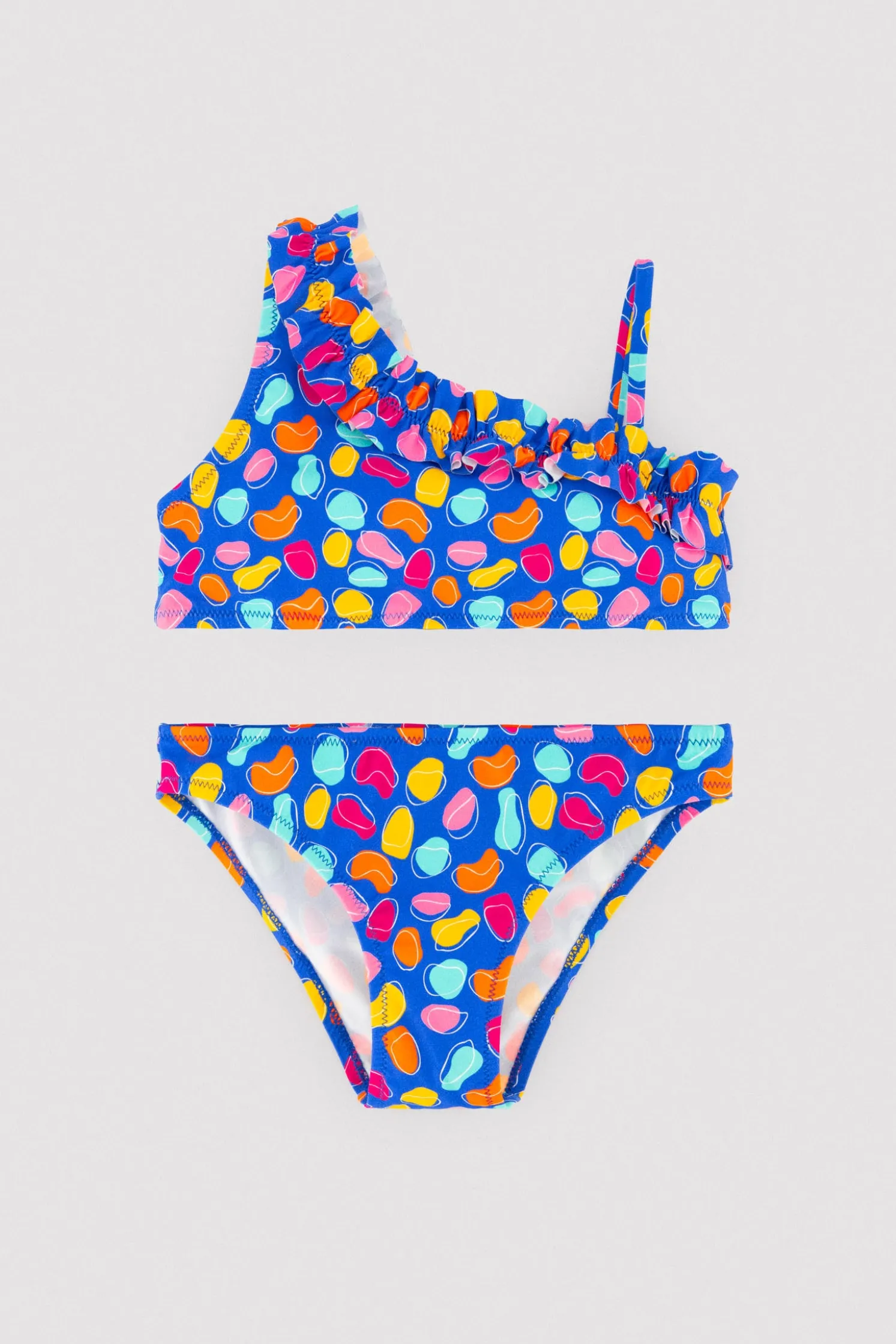 Bikini niña detalle fruncido estampado formas orgánicas multicolor