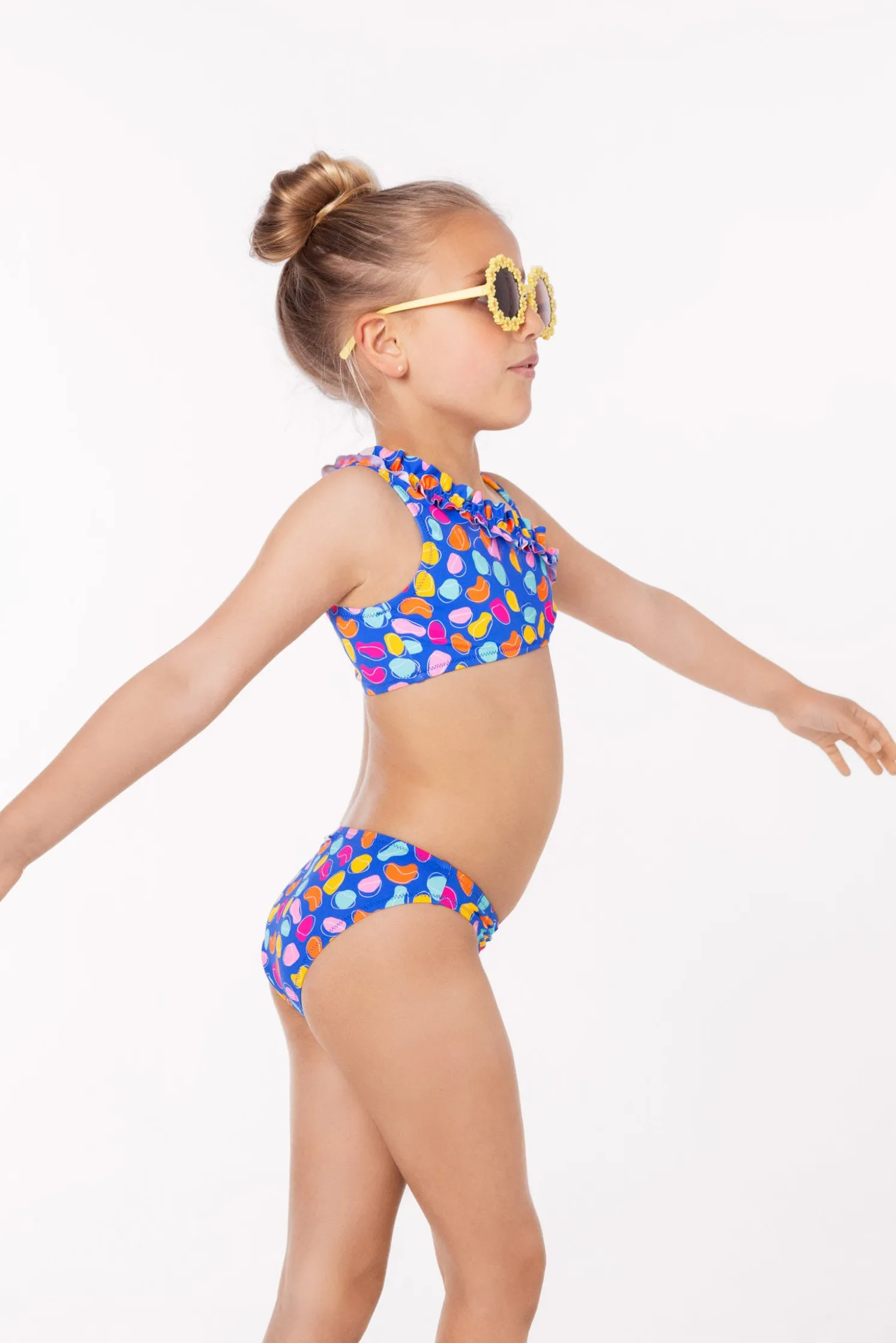 Bikini niña detalle fruncido estampado formas orgánicas multicolor