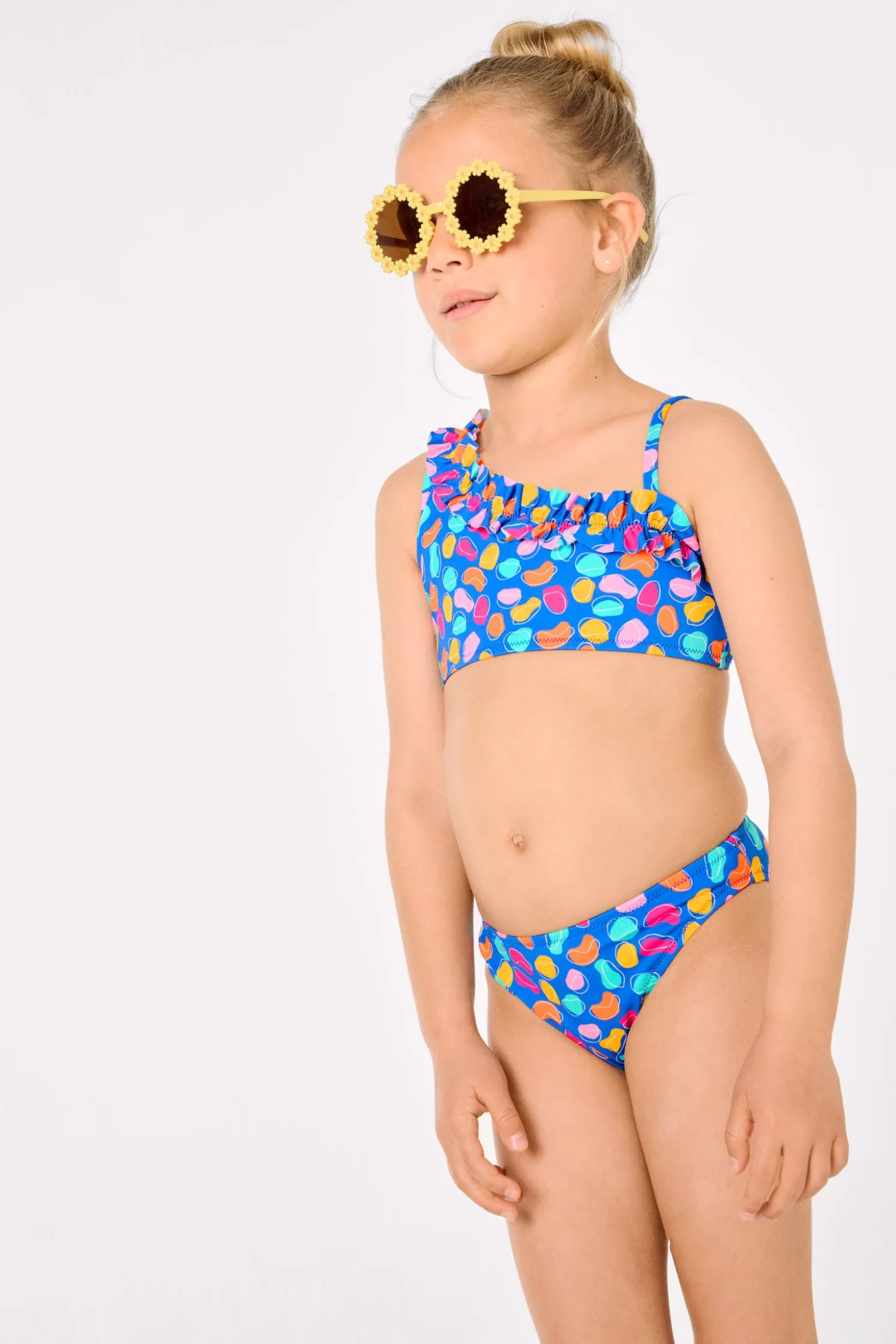Bikini niña detalle fruncido estampado formas orgánicas multicolor