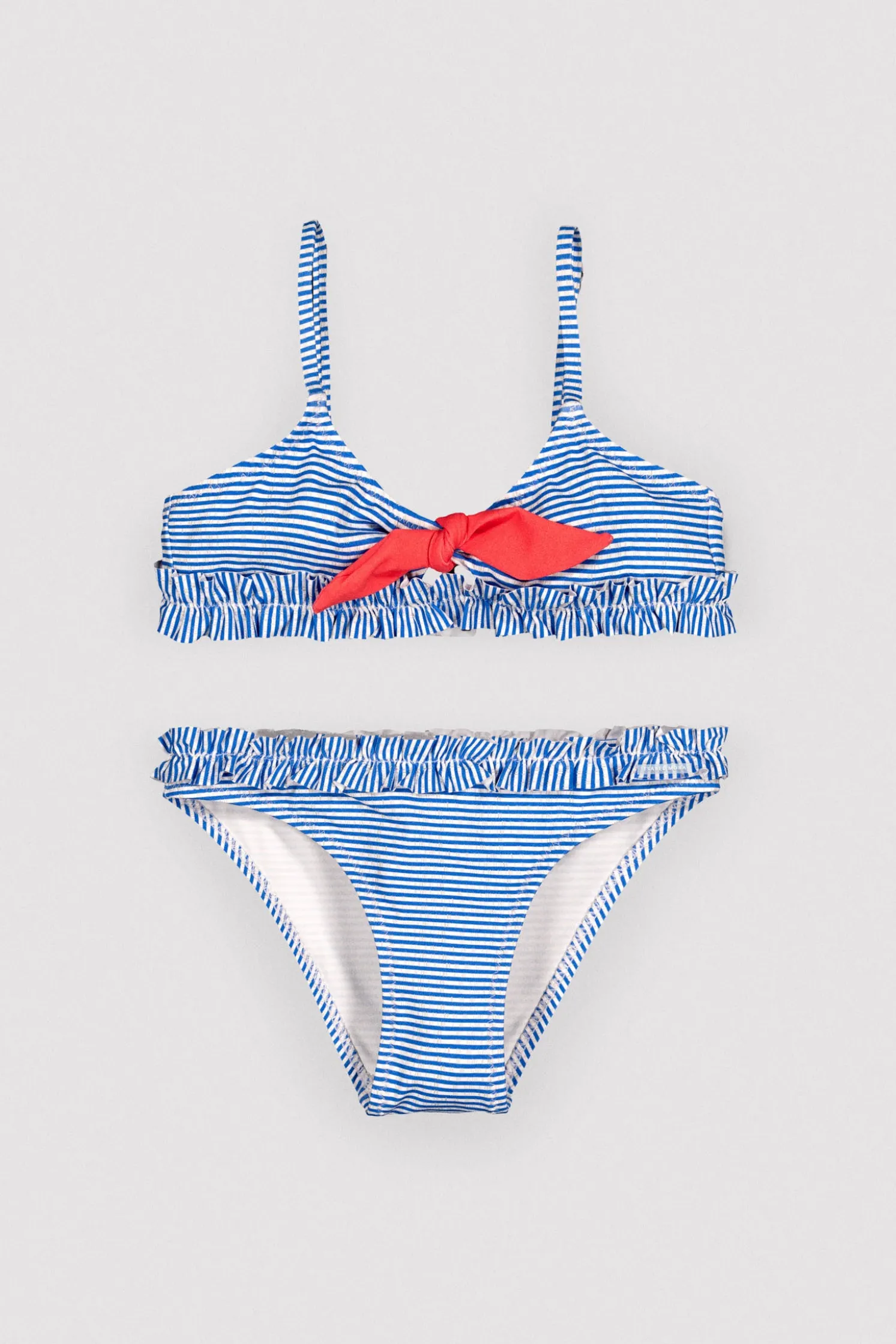 Bikini niña detalle lazo y fruncidos estampado rayas