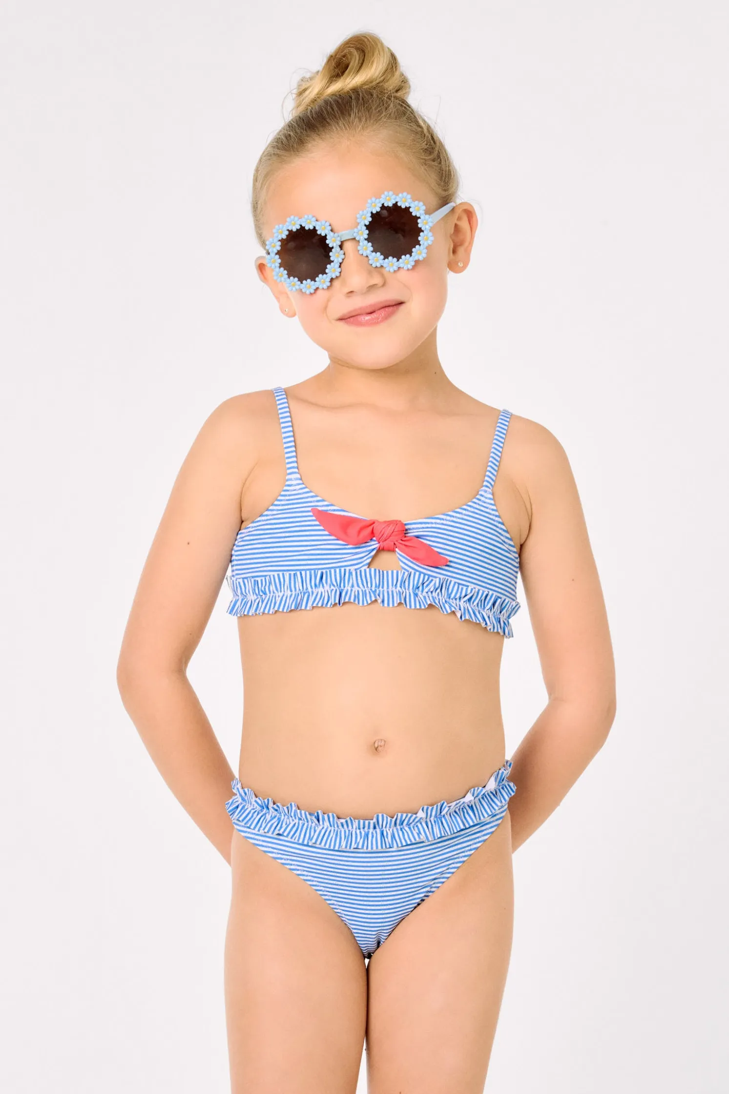 Bikini niña detalle lazo y fruncidos estampado rayas