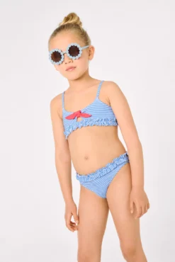 Bikini niña detalle lazo y fruncidos estampado rayas