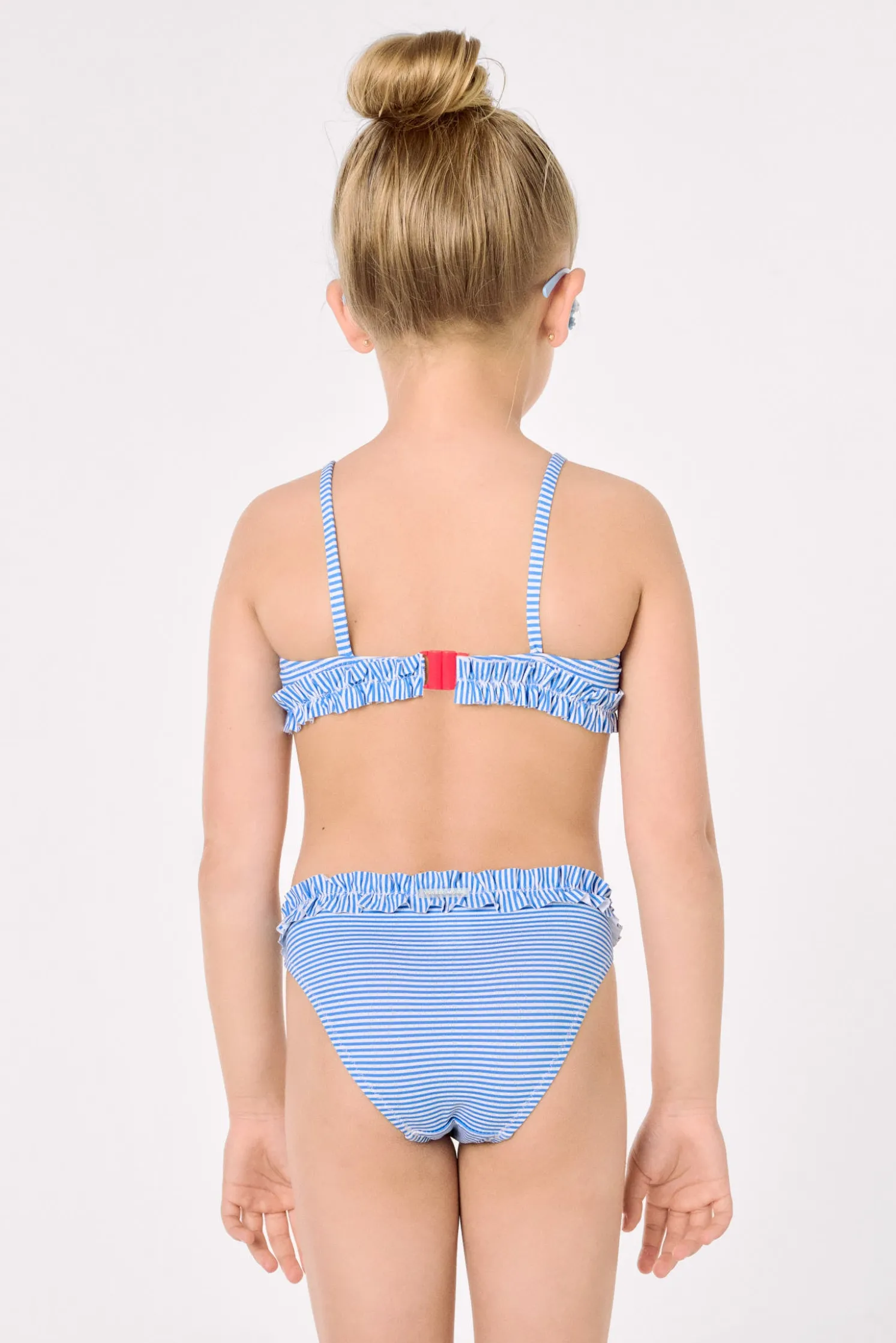 Bikini niña detalle lazo y fruncidos estampado rayas