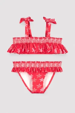 Bikini niña detalles volantes y nido de abeja estampado estrellas marinas rojo