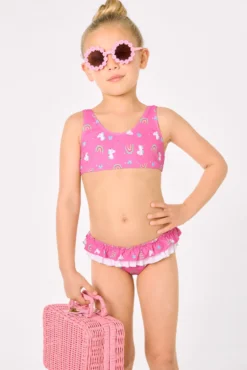 Bikini niña detalle volantes y lazos estampado unicornios rosa