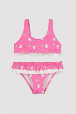 Bikini niña detalle volantes y lazos estampado unicornios rosa