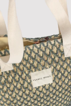Bolso de playa de rafia beige y verde