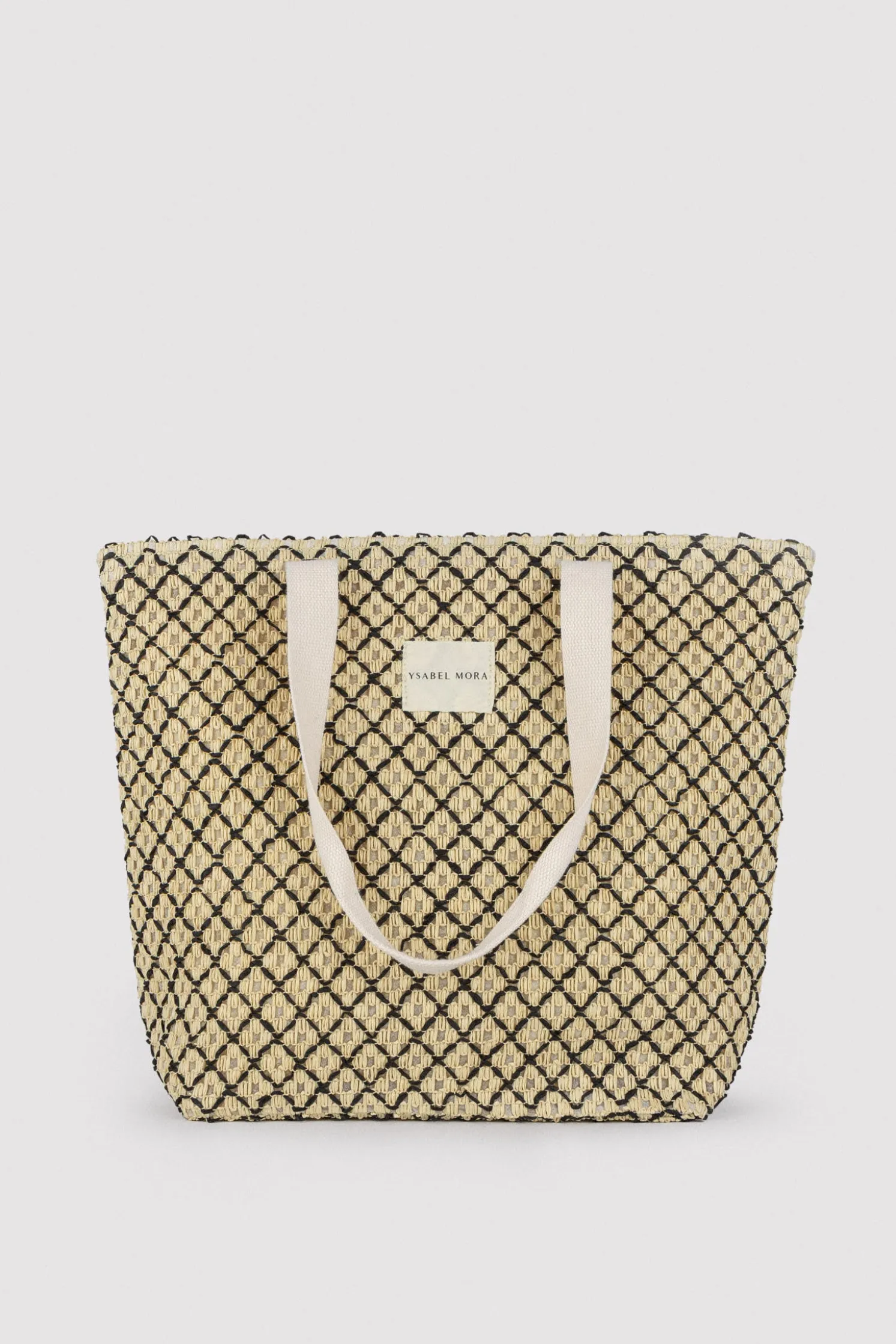 Bolso de playa de rafia beige y negro