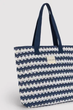 Bolso de playa de rafia blanco y marino
