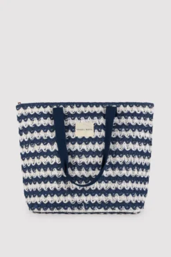 Bolso de playa de rafia blanco y marino