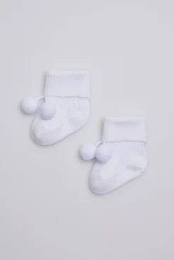 Calcetines canalé con borlas recién nacido blanco