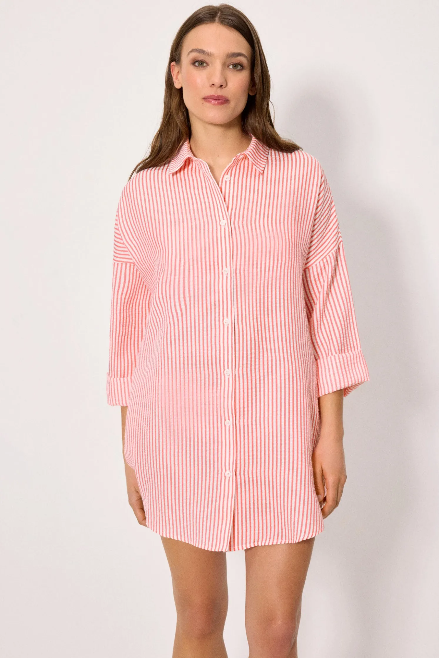 Camisa larga bambula rayas rosa