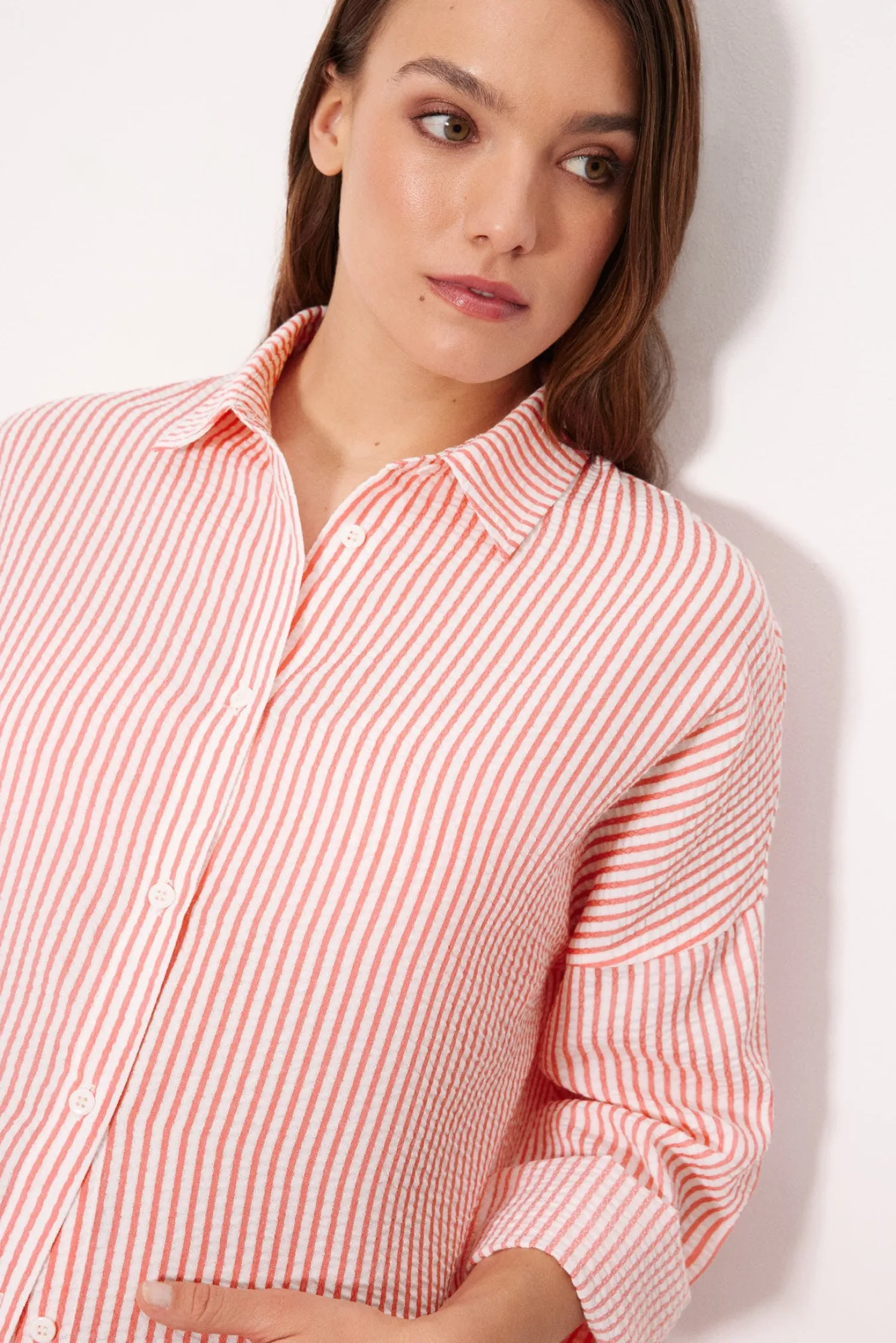 Camisa larga bambula rayas rosa