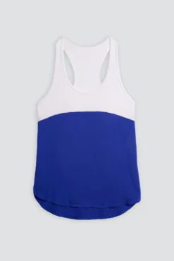 Camiseta deportiva tirantes nadadora blanca y azul eléctrico