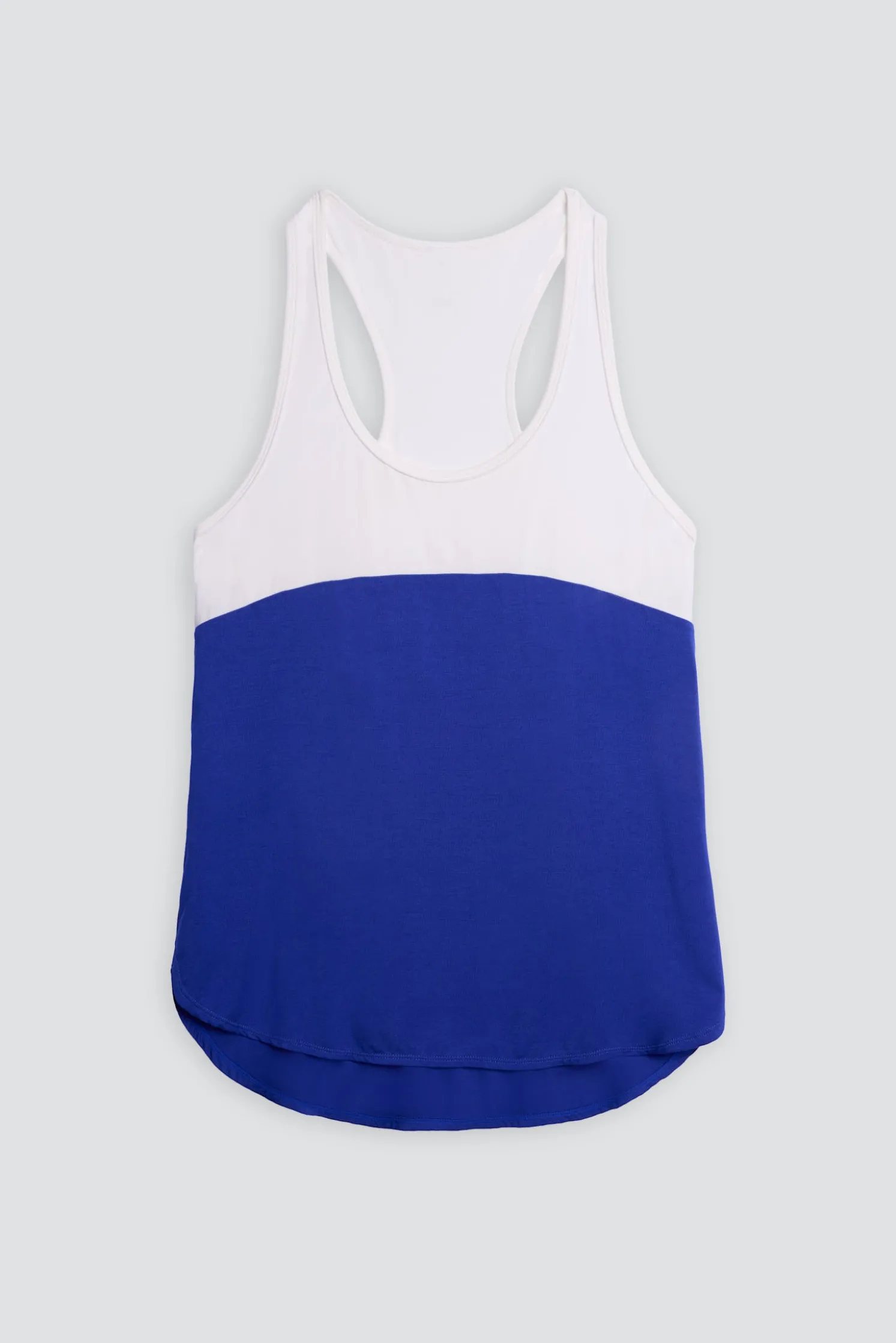 Camiseta deportiva tirantes nadadora blanca y azul eléctrico