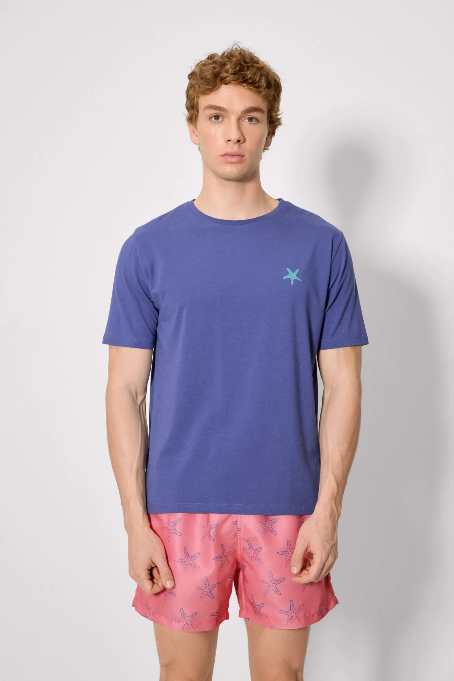 Camiseta manga corta estampado estrellas marinas azul