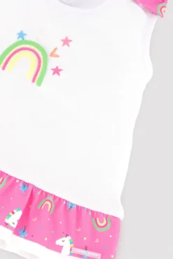 Conjunto bebé camiseta y braguita baño detalles volantes y lazos estampado unicornios rosa
