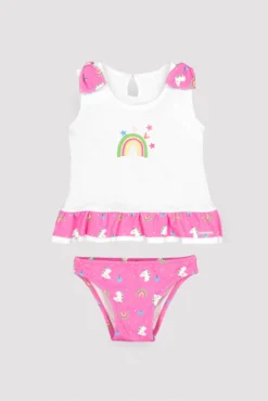 Conjunto bebé camiseta y braguita baño detalles volantes y lazos estampado unicornios rosa