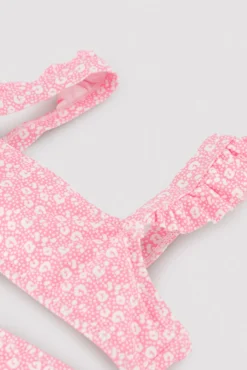 Conjunto bikini niña detalles volantes estampado leopardo rosa