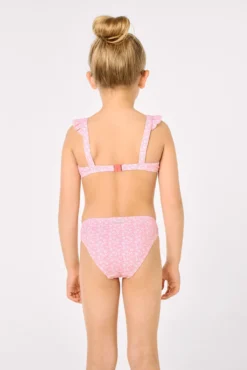 Conjunto bikini niña detalles volantes estampado leopardo rosa