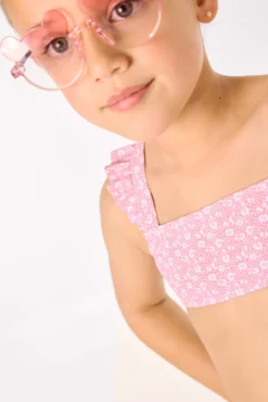 Conjunto bikini niña detalles volantes estampado leopardo rosa