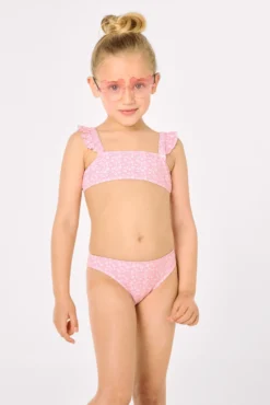 Conjunto bikini niña detalles volantes estampado leopardo rosa