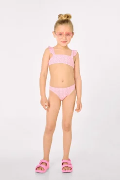 Conjunto bikini niña detalles volantes estampado leopardo rosa