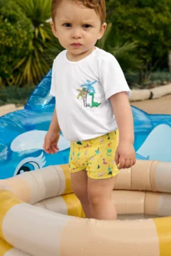 Conjunto camiseta y bañador bóxer bebé estampado dinosaurios