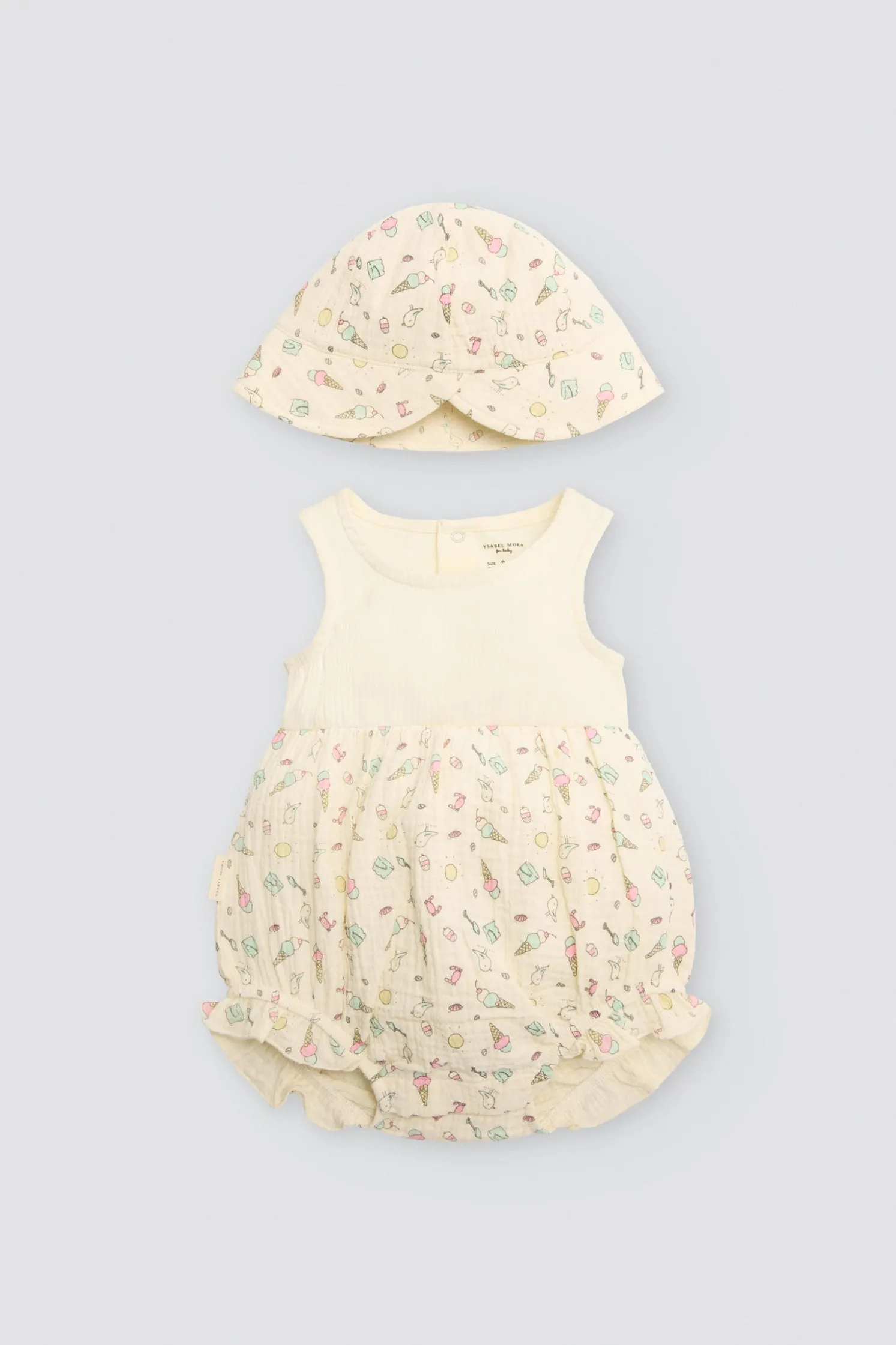 Conjunto ranita bebé sin mangas y gorrito estampado veraniego