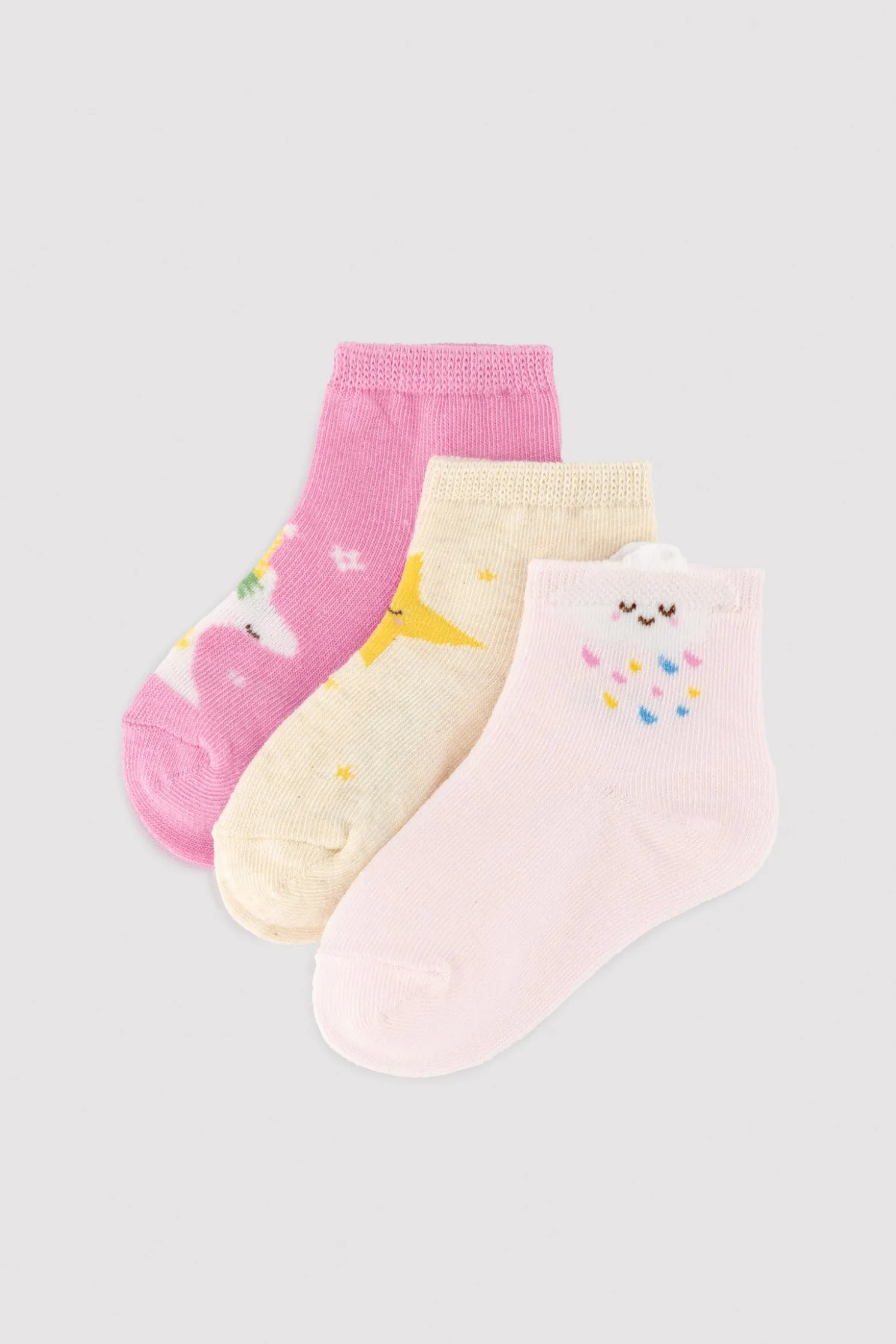 Pack 3 calcetines cortos bebé estampados unicornios y estrellas