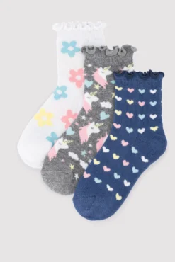 Pack 3 calcetines cortos infantiles detalle puño rizado estampados