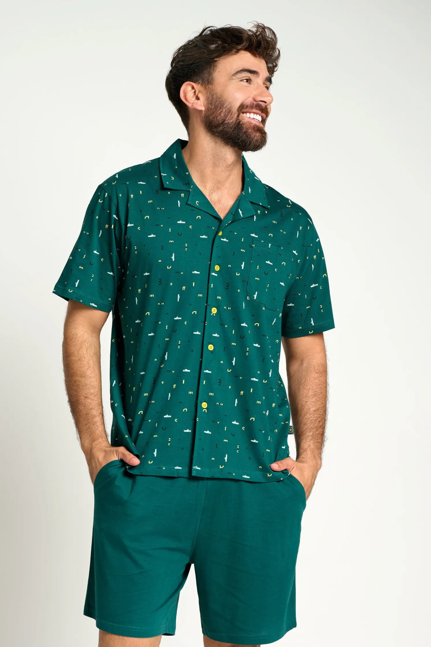 Pijama hombre corto algodón camisero verde | MUYDEMI