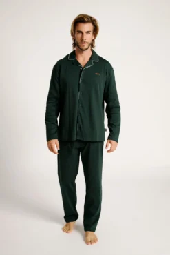 Pijama hombre largo camisero algodón verde | MUYDEMI