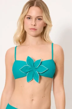 Top bikini bandeau flor central azul turquesa