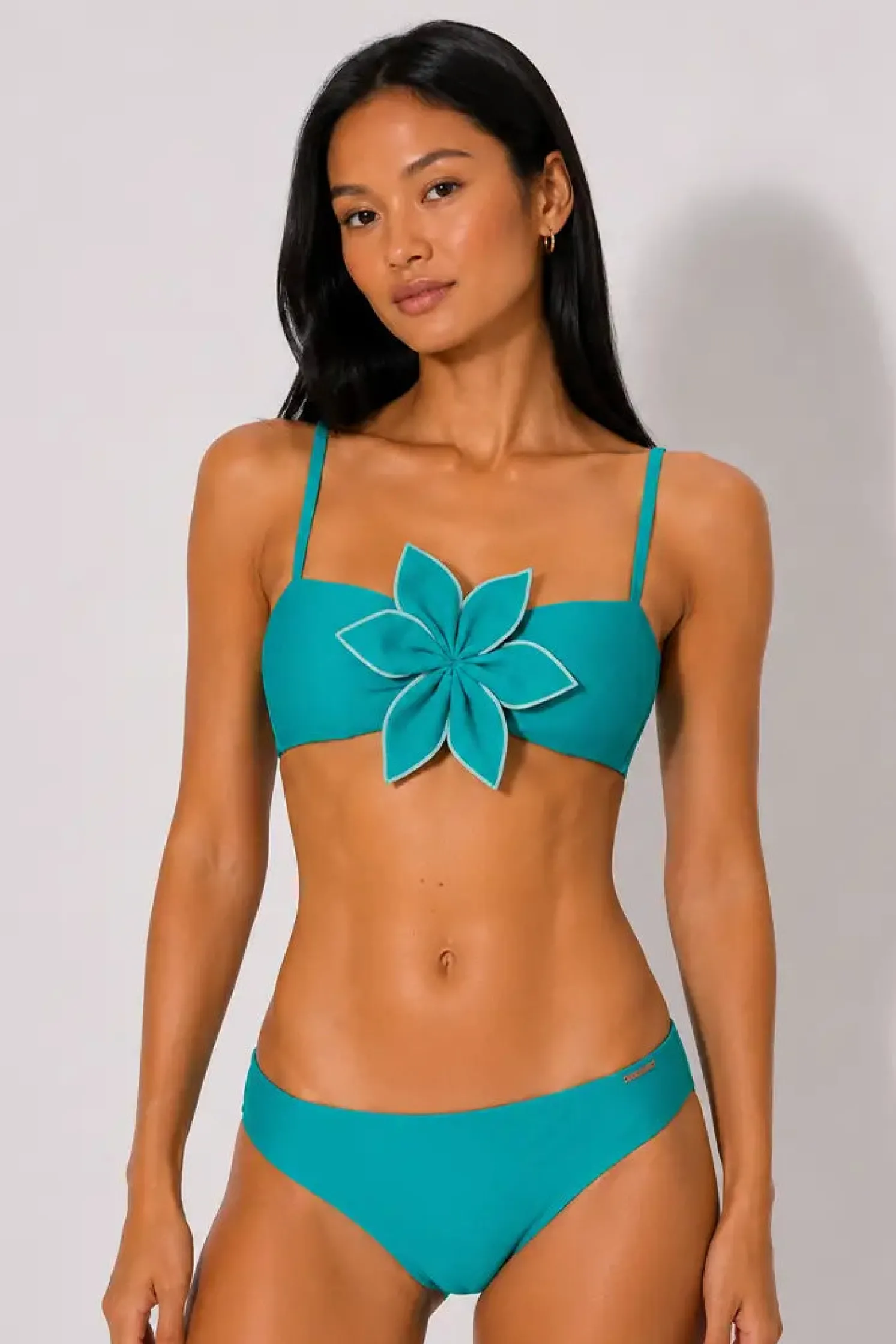 Top bikini bandeau flor central azul turquesa