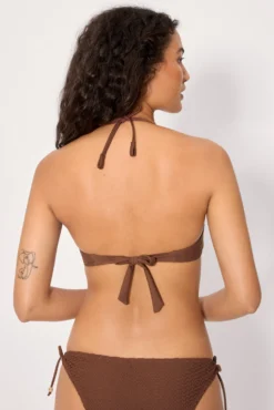 Top bikini doble push-up tejido calado marrón copa B